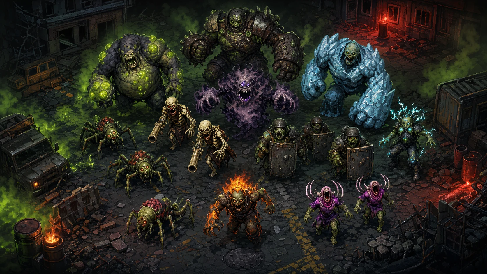 The mixed Zombie Gun horde advancing through a ruined city